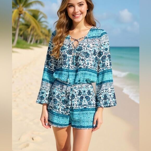 Show Me Your Mumu Blue Mixed Print Romper Size XS - Picture 1 of 6